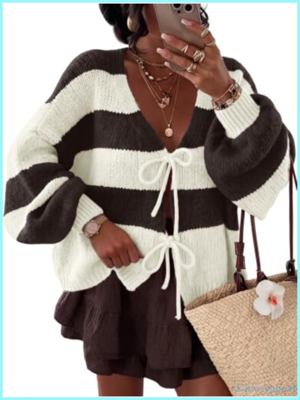 Chunky Knit Striped Oversized Cardigan Sweater With Bow V-Neck